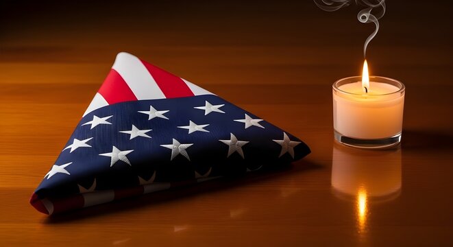 Folded American flag with lit candle on wooden table, symbolizing respect and remembrance in a solemn atmosphere viewed from the side