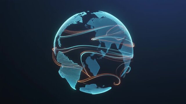 Dynamic illustration of a glowing globe with orange and white lines, representing connectivity, technology and energy from a centered viewpoint