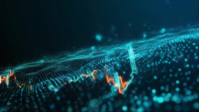Dynamic 3D stock market graph visualization from a technology perspective, showcasing futuristic data trends in a deep blue digital environment