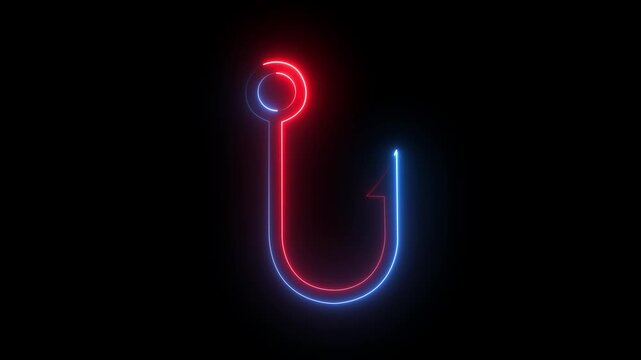 Glowing neon Fishing hook icon isolated on black background. Fishing tackle. Concept of fishing hooks being lowered into the sea. 4k video motion ,graphic animation.