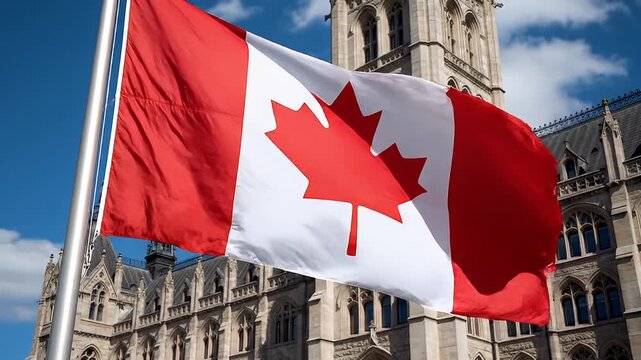 Canadian Flag Waving in Front of Parliament Building.