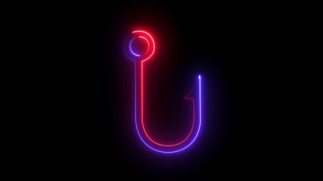 Glowing neon Fishing hook icon isolated on black background. Fishing tackle. Concept of fishing hooks being lowered into the sea. 4k video motion ,graphic animation.