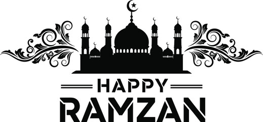 Happy Ramadan mosque vector, Islamic greeting illustration, Ramadan Mubarak typography design, Arabic mosque silhouette, decorative Islamic banner template artwork © Afsun