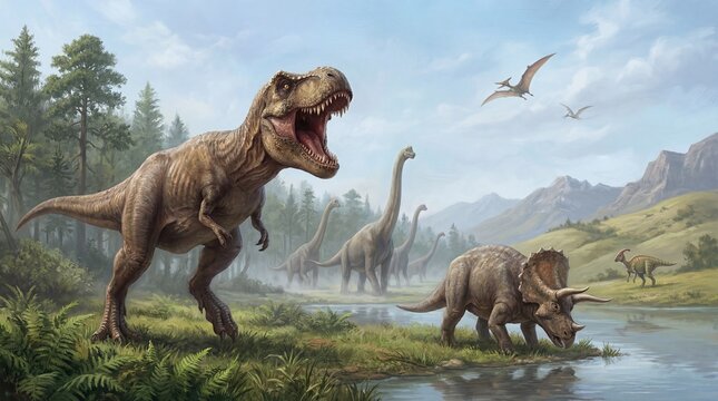 Digital Painting of Dinosaurs in a Prehistoric Landscape with Tyrannosaurus Rex
