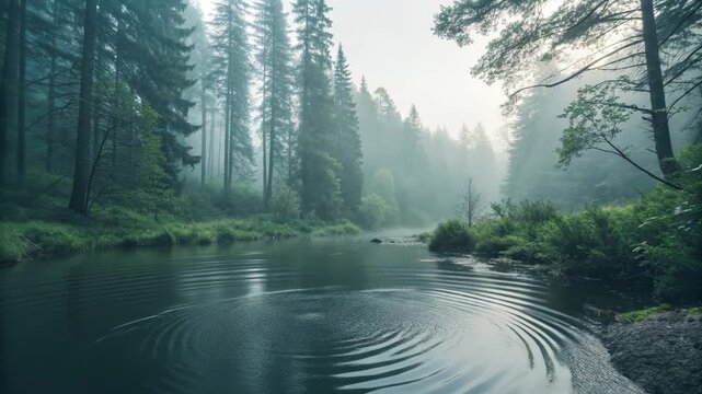A serene river flows through a misty forest, evoking a sense of tranquility. The tall trees frame the scene. The atmosphere is calm and inviting