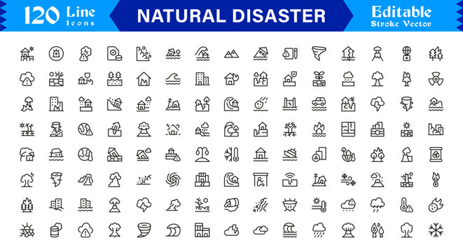 Natural Disaster Risk Management Professional Minimal Line Icon Collection Featuring Earthquake Flood Storm and Hazard Symbols
