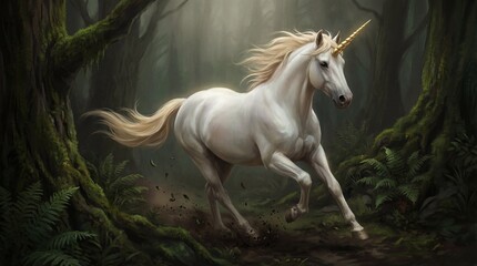 Elegant Painting of White Unicorn Galloping Through a Lush Fantasy Forest