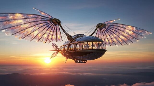 Steampunk airship with ornate wings flying at sunset.