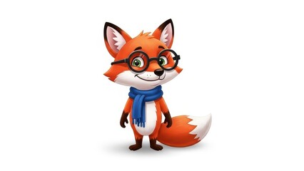 Obraz premium Cute cartoon fox character wearing round glasses and a blue scarf, standing upright with a friendly smile, rendered in a glossy 3D style, isolated on a transparent background.