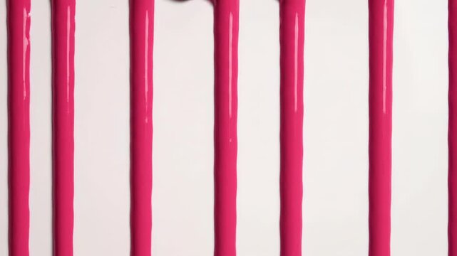 Glossy pink liquid drips down a plain white surface in parallel lines