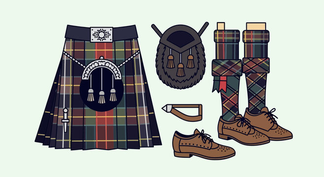 Scottish Kilt Outfit Flat Lay: Kilt, Sporran, Hose, Shoes, and Belt