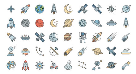Space Icons Set: Planets, Rockets, Astronaut, Moon, Stars, Satellites © jas
