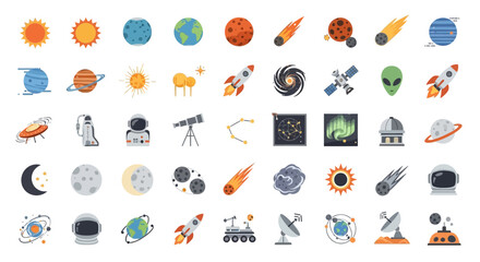 Space Icons Set: Planets, Astronaut, Rocket, Stars, Alien, Satellite © jas