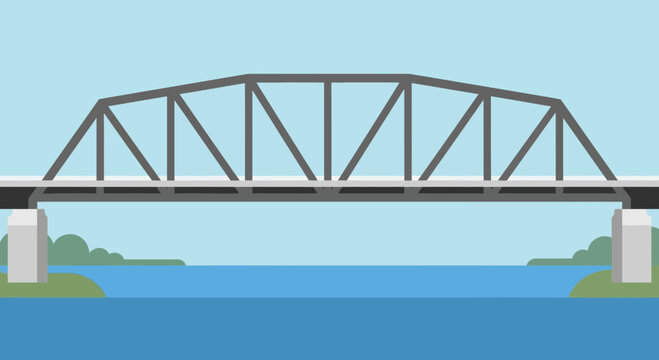 Steel Truss Bridge Over Blue River, Flat Design, Simple Landscape Illustration
