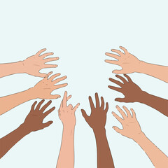 A group of animated hands with diverse skin tones reaching upward