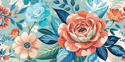 Vibrant floral pattern with roses and blue background