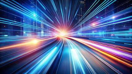 Dynamic highway of light trails at night, representing speed and progress with vibrant blue and orange neon colors, leading towards a bright future.