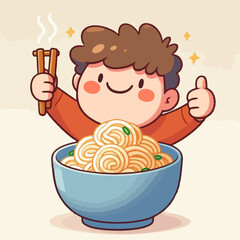 Cartoon vector illustration of a person happily eating noodles while giving a thumbs up