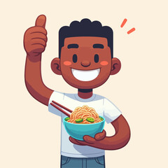 Cartoon vector illustration of a person happily eating noodles while giving a thumbs up
