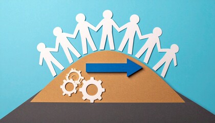 Paper cutout teamwork with arrow and gears