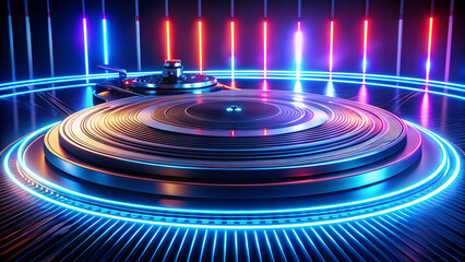 Futuristic DJ turntable illuminated by vibrant neon blue and red lights, set against a backdrop of glowing vertical bars in a nightclub atmosphere.