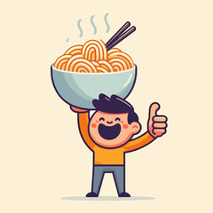 Cartoon vector illustration of a child happily eating noodles while giving a thumbs up