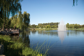 Yuanmingyuan Park Lake with Fountain, Beijing Famous Attraction