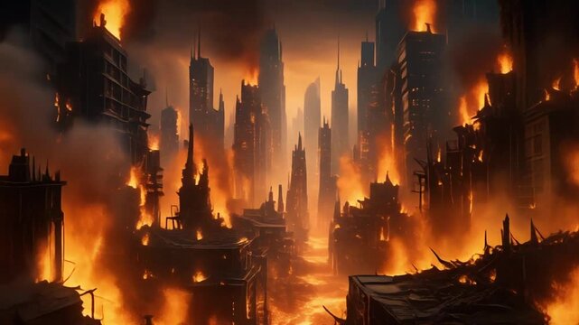 Apocalyptic Cityscape Burning with Intense Flames and Smoke.