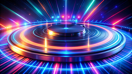 A glowing DJ turntable at the center of a radial burst of neon light beams in blue, red, and green, symbolizing an explosive music experience.