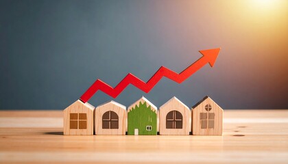 Row of wooden houses with red upward arrow