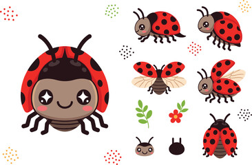 Naklejka premium Adorable Cartoon Ladybug Vector Illustration Set with Happy Faces, Red Spotted Beetles in Flying and Crawling Poses, Green Leaves, and Garden Insects for Kids