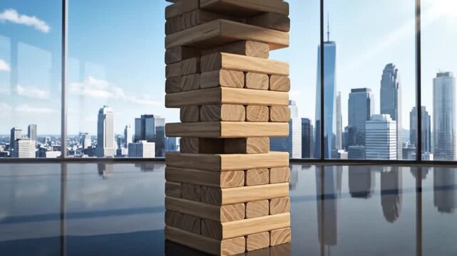 A tall stack of wooden blocks in a modern cityscape with a glass walled room and a city skyline view from a high vantage point