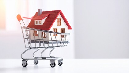 Miniature house in shopping cart on white background