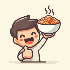 Cartoon vector illustration of a child happily eating noodles while giving a thumbs up