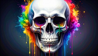 Colorful dripping paint skull on dark background