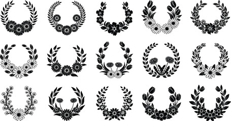 Black vector silhouette set of elegant floral wreaths and botanical frames featuring daisies tulips and wild flowers for wedding invitations greeting cards and decorative brandin © MstKalpona