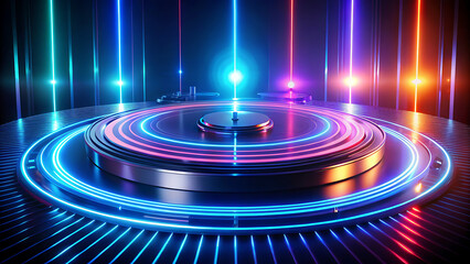 Vibrant DJ turntable with pulsing neon blue and pink light circles, set against a backdrop of vertical neon bars in a futuristic club setting.