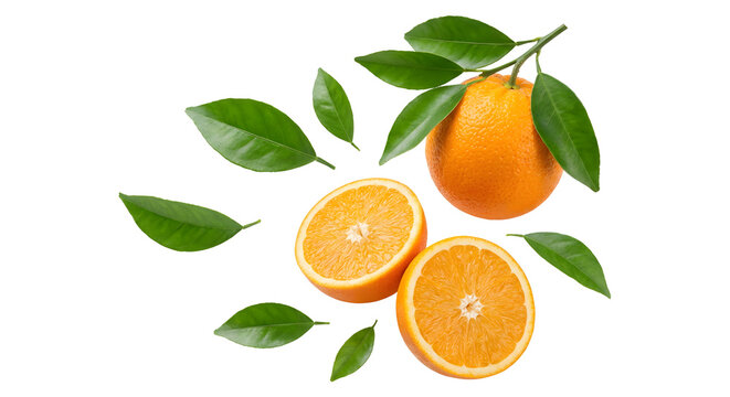 Flying oranges with leaves for advertising, marketing and promotion concept.	