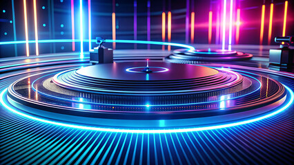 Futuristic DJ turntable stage with vibrant neon lights, perfect for music events, parties, and electronic dance music promotions.