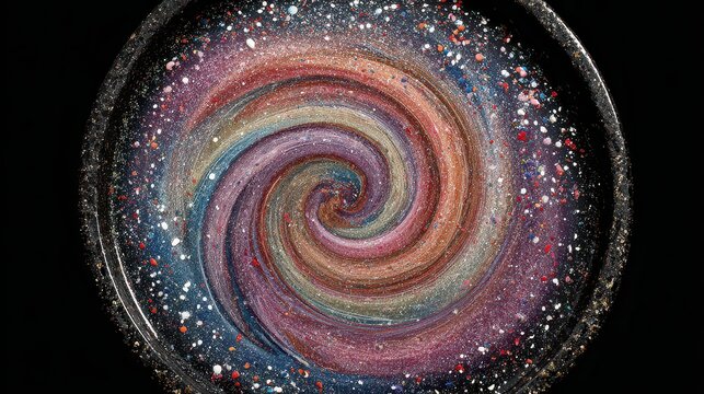 Swirling Multicolored Glitter Abstract with Dark Background and Sparkling Particles in Circular Composition Creating Cosmic and Dreamlike Atmosphere