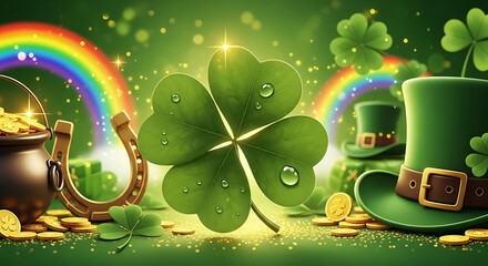 Fototapeta premium St patrick's day symbols with clover pot of gold rainbow and irish hat on green background with shiny coins and leprechaun hat