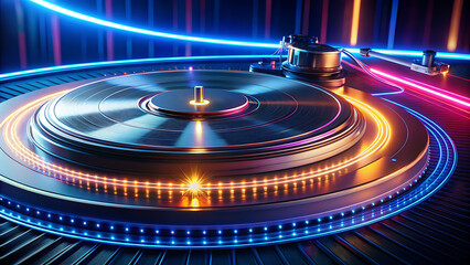 Close-up on a metallic DJ turntable with a stylus arm, illuminated by bright orange and blue neon lights on a circular stage.