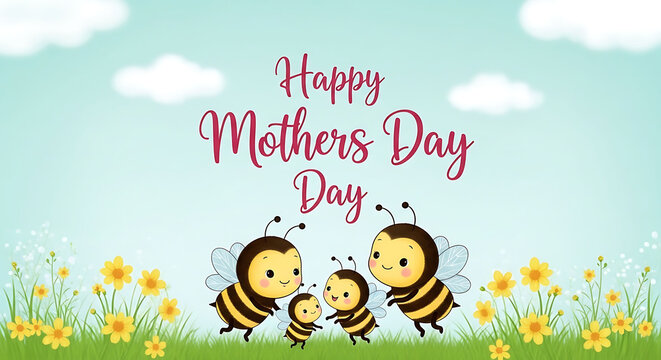 Happy mothers day greeting card with cartoon bees dancing on flowers