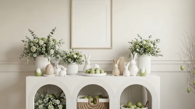 Easter decoration with flowers and eggs on a white console table indoors