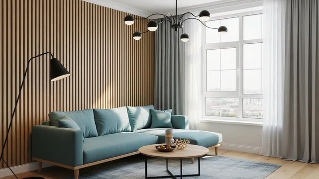 Modern living room interior with blue sofa and wooden coffee table by the window