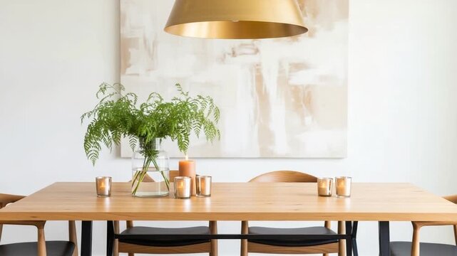 Modern dining room with wooden table and chairs, gold lamp, and green plant on a white background