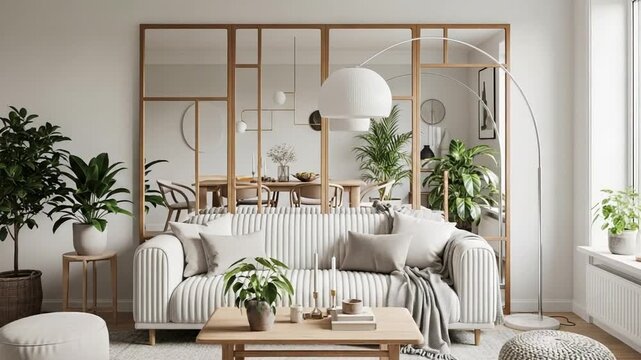 Modern living room interior with sofa, coffee table, and plants, indoors with natural light