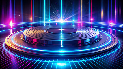 A vibrant, futuristic stage with a DJ turntable and a backdrop of pulsing neon vertical lights in blue and pink hues.