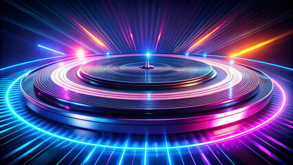 Futuristic DJ turntable with neon lights and laser beams in a dark, vibrant club atmosphere
