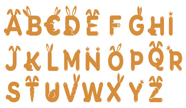 Alphabet with Easter bunny ears and carrots, cute font for spring holidays.